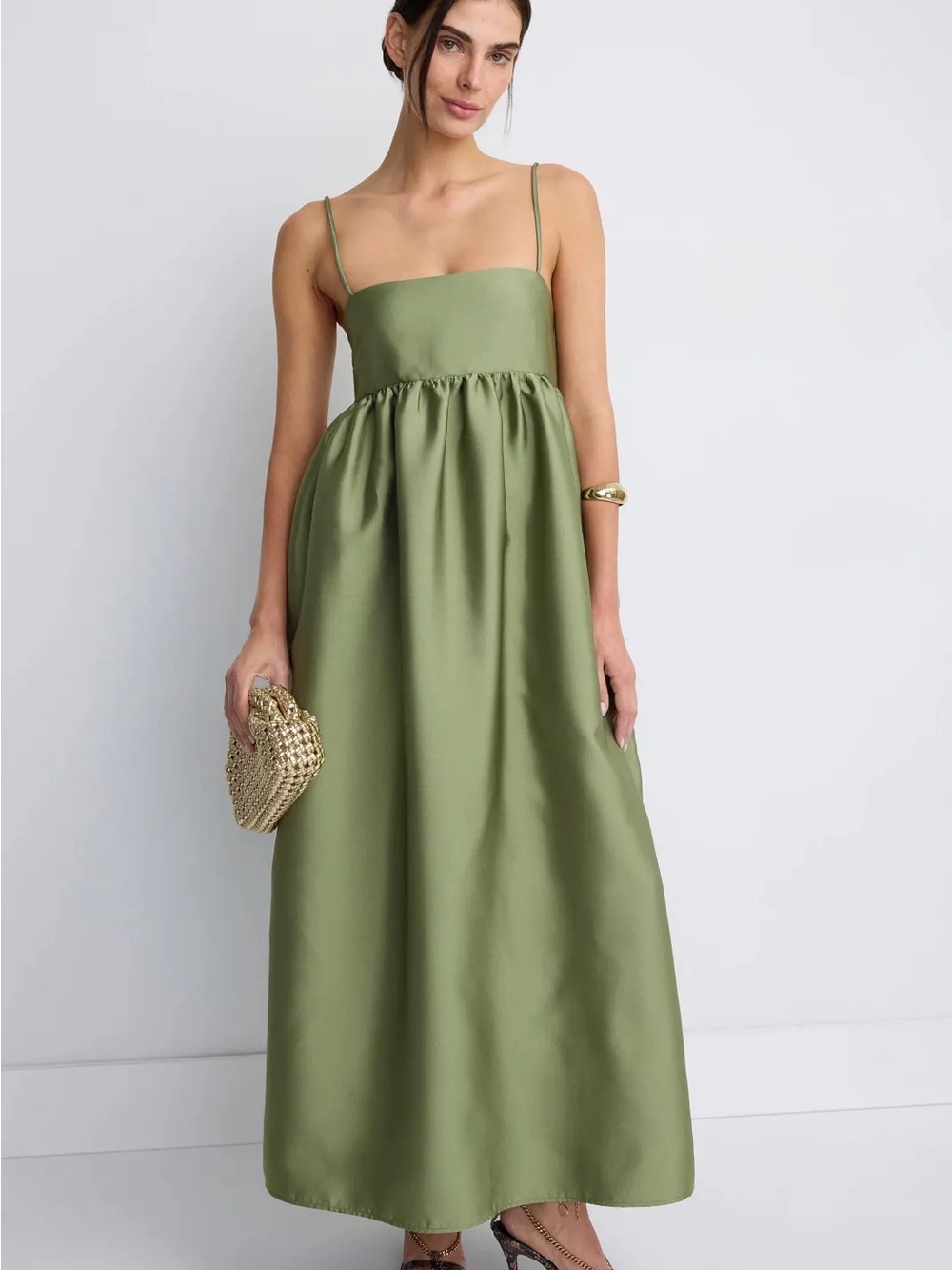 Satin Olive Green Spaghetti-Strap Maxi Dress